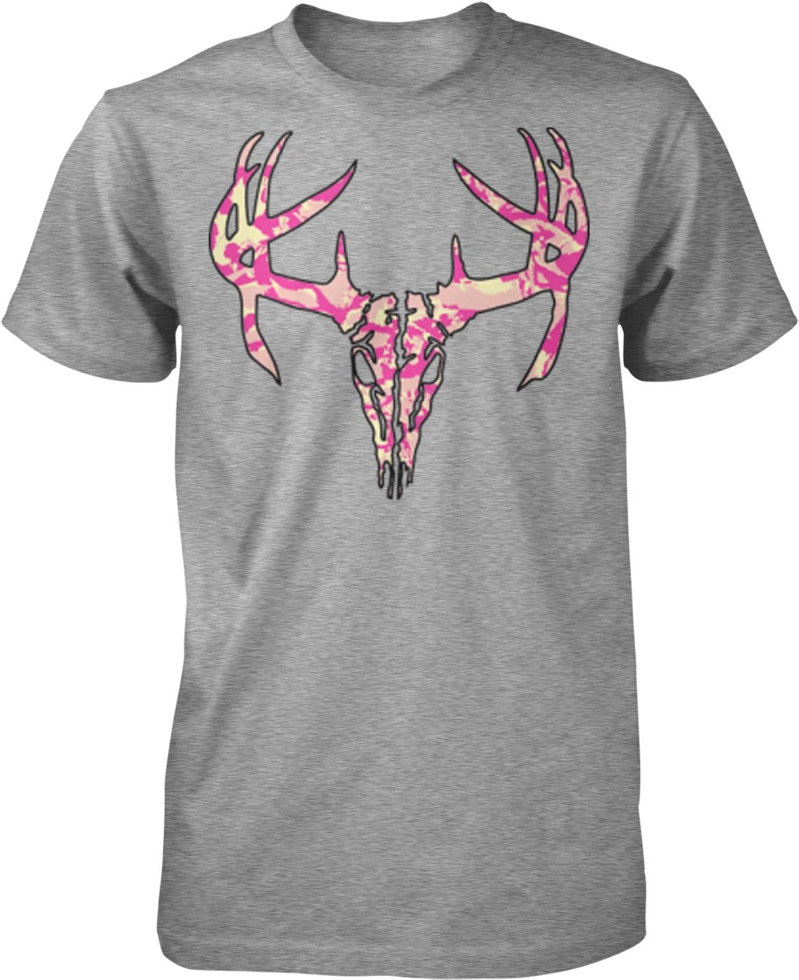 A gray t-shirt with a graphic design of a deer skull and antlers in pink and yellow colors.