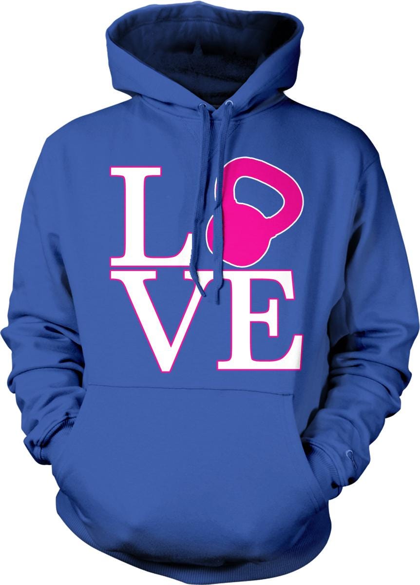 A blue hoodie with a large pink "LOVE" graphic and a pink kettlebell design.