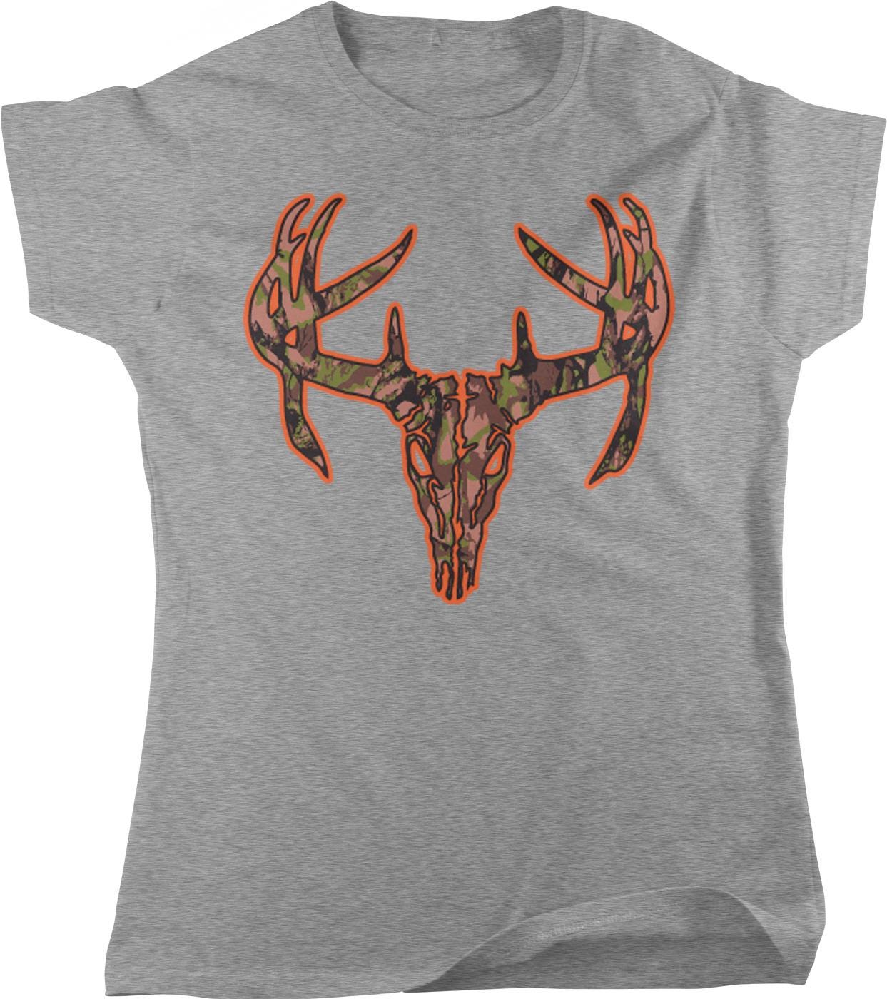 A gray t-shirt with a graphic design of a deer skull and antlers in a camouflage pattern.