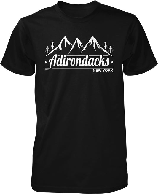 A black t-shirt with a white graphic design featuring mountains and trees, along with the text "Adirondacks New York".