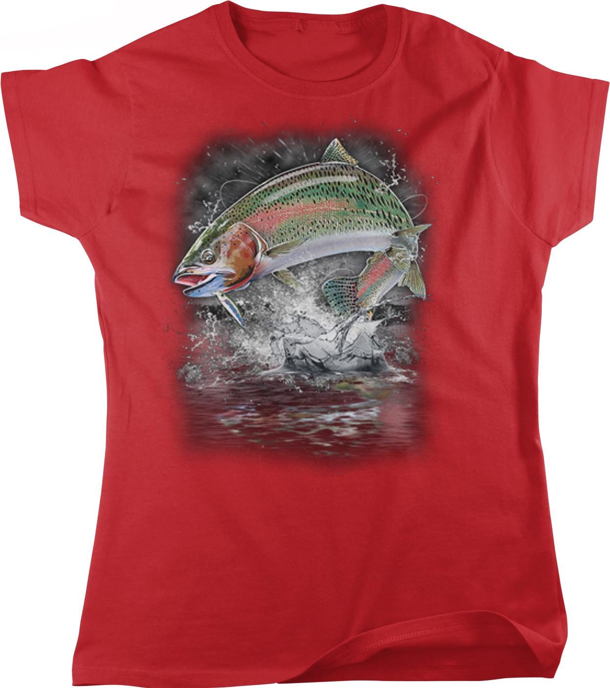 A red t-shirt with a graphic design depicting a fish jumping out of the water.