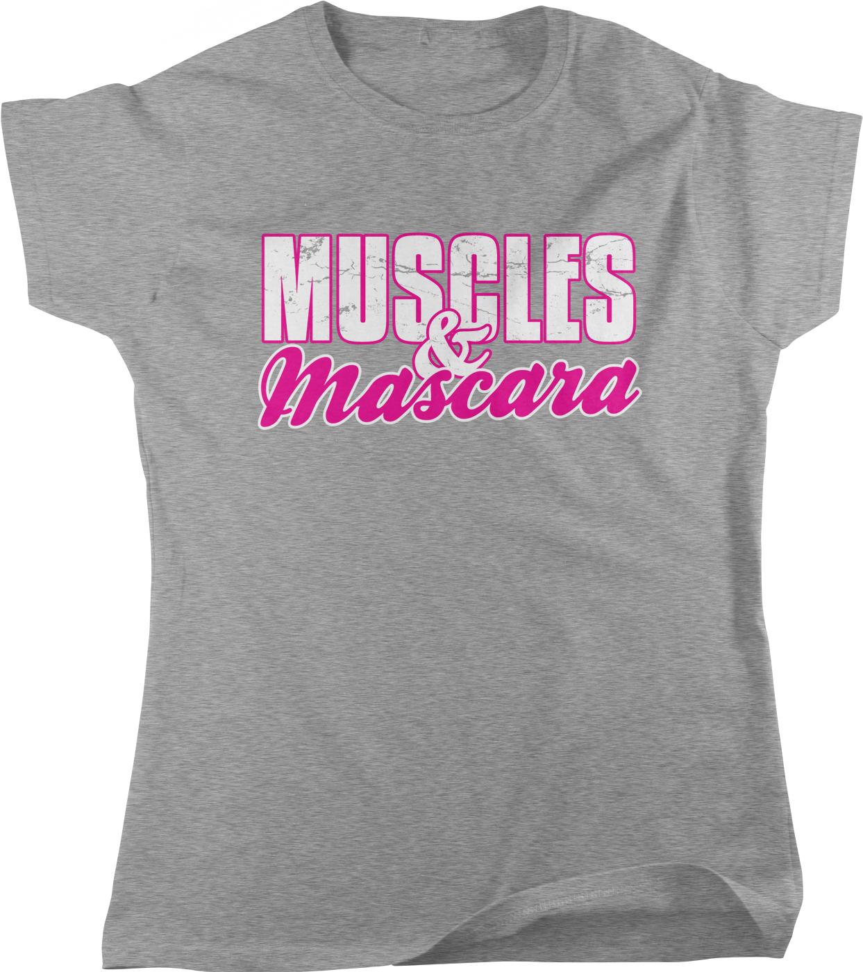 A gray t-shirt with the text "MUSCLES & MASCARA" printed on it in pink and white lettering.