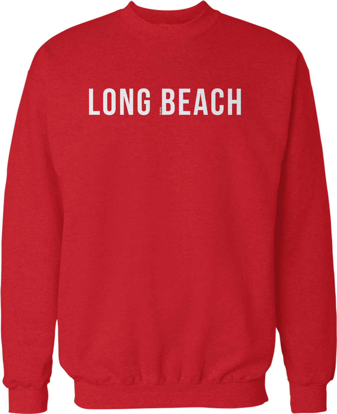 A red sweatshirt with the text "LONG BEACH" printed on it in white letters.