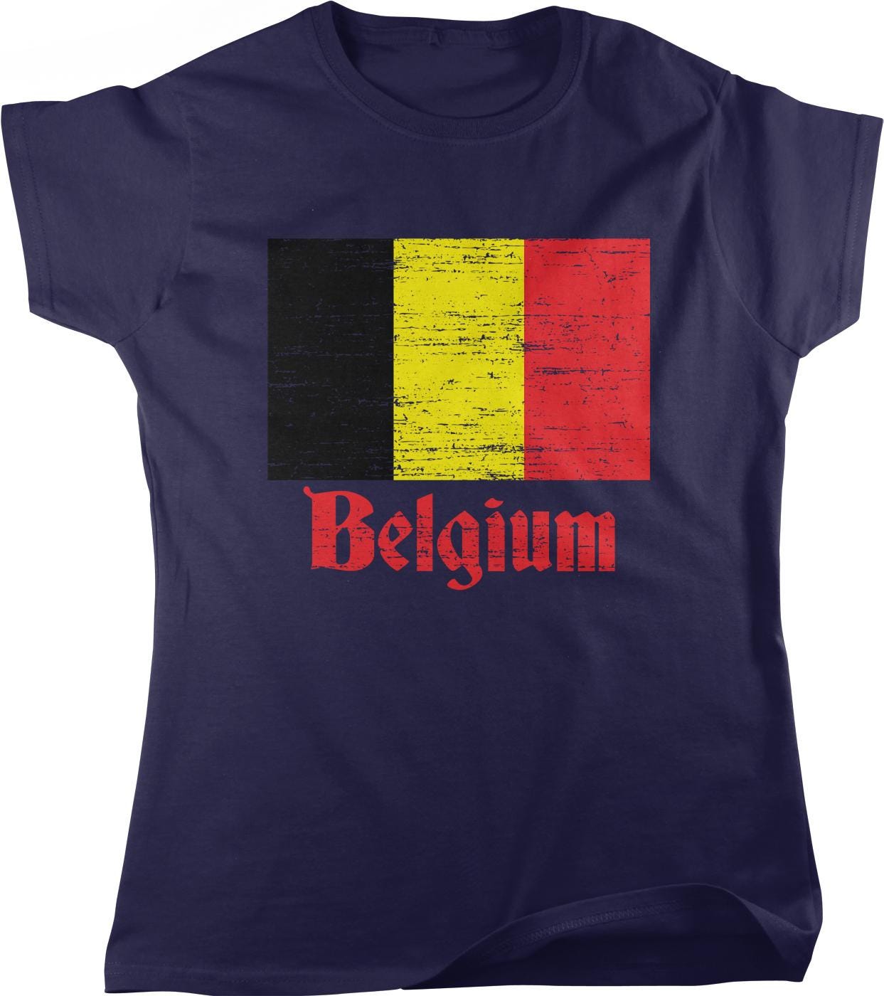 A dark blue t-shirt with a graphic design featuring the flag of Belgium.
