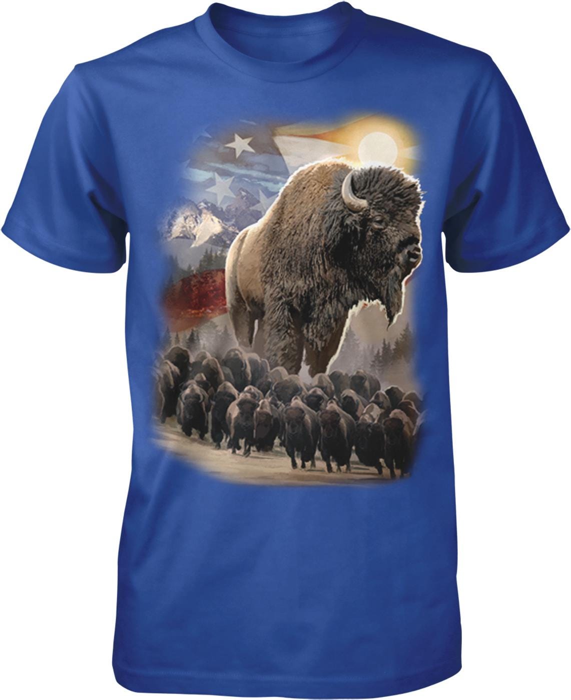 A blue t-shirt with a graphic design depicting a large bison surrounded by smaller bison in a natural setting, with a mountain range and a starry sky in the background.