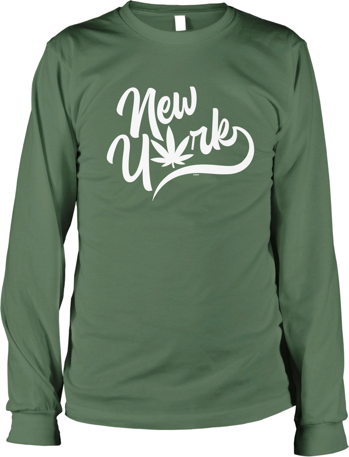 A long-sleeved green t-shirt with the text "New York" printed in white on it.