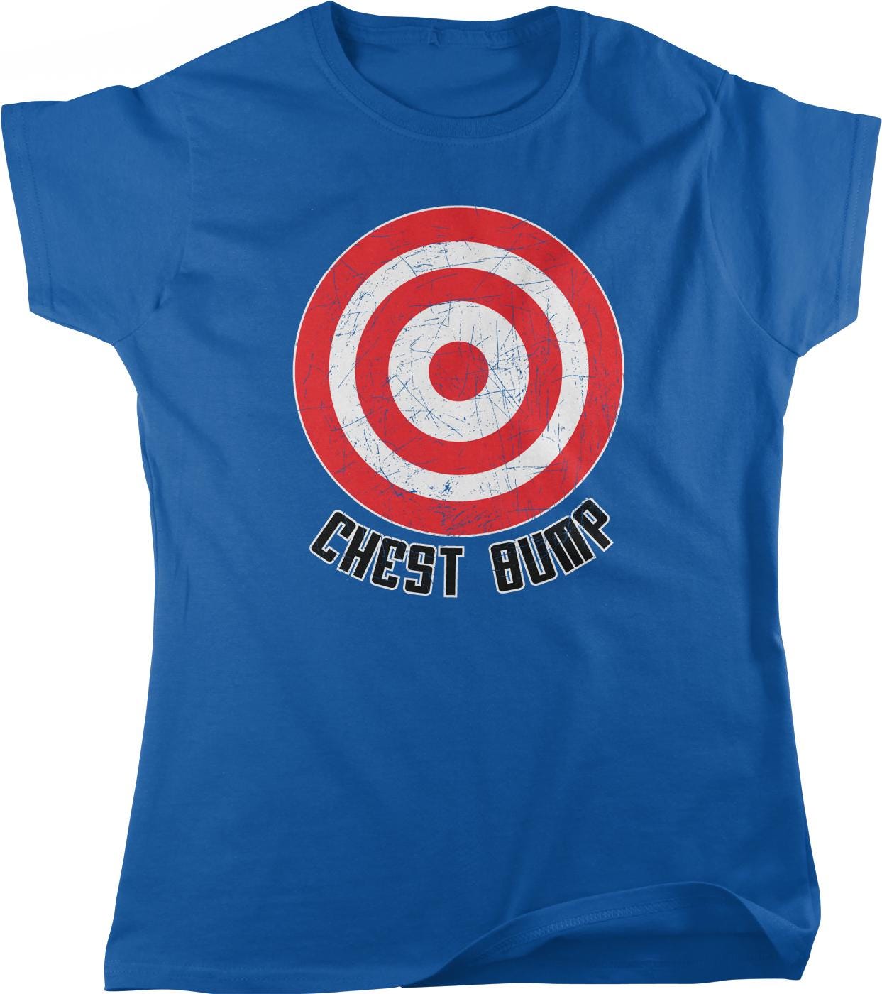A blue t-shirt with a red and white target design and the text "CHEST BUMP" printed on it.