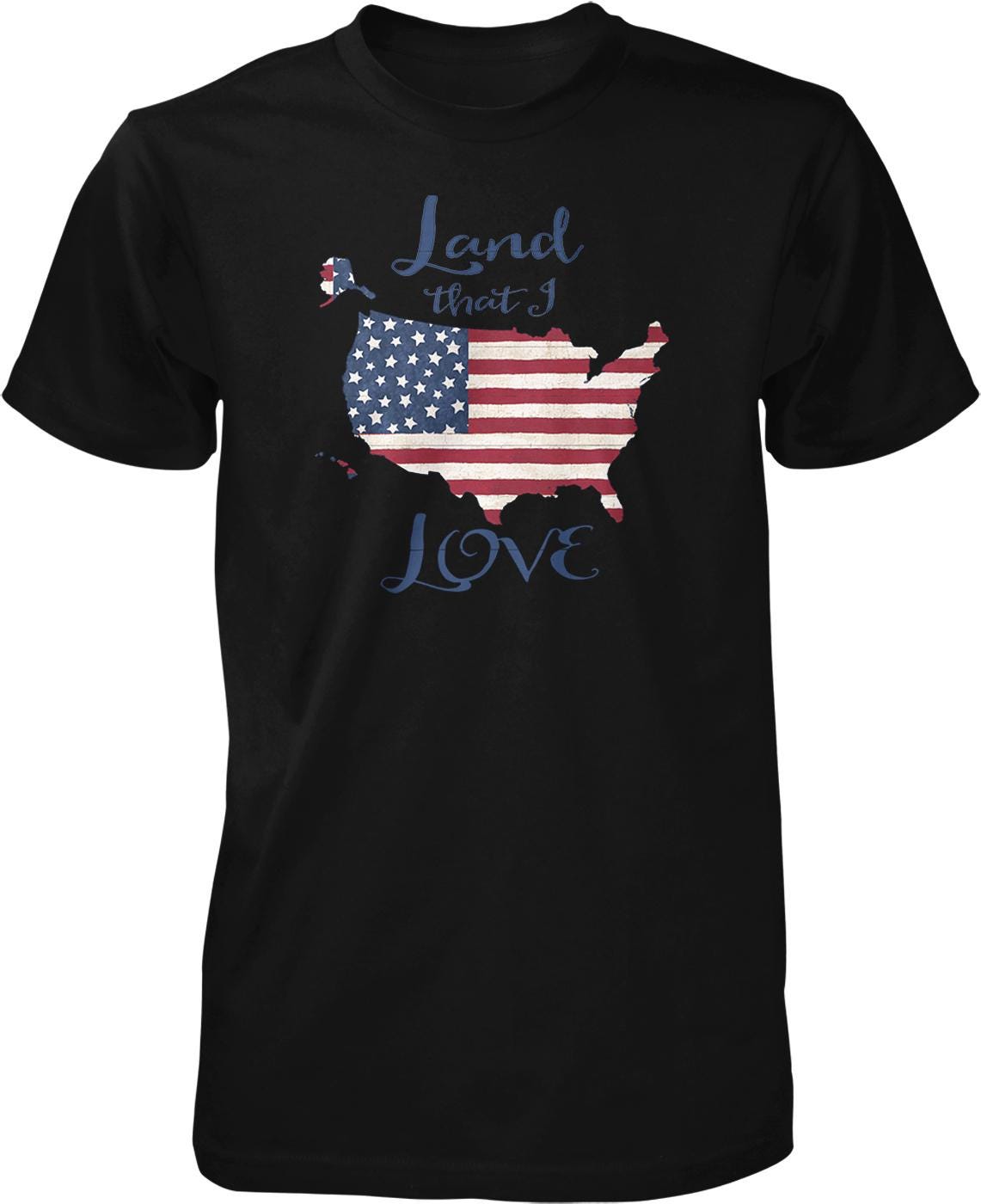 A black t-shirt with a graphic design depicting the United States map and the text "Land that I love" printed on it.