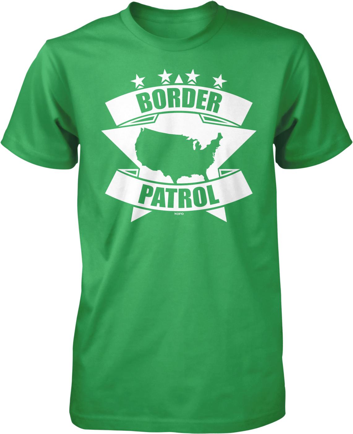A green t-shirt with a graphic design featuring a map of the United States and the text "BORDER PATROL" along with a star symbol.