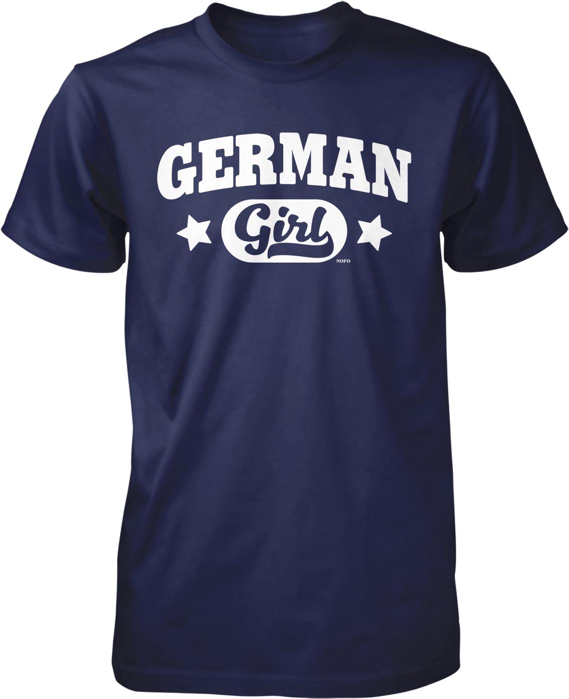 A navy blue t-shirt with the text "GERMAN GIRL" printed on it in white letters.