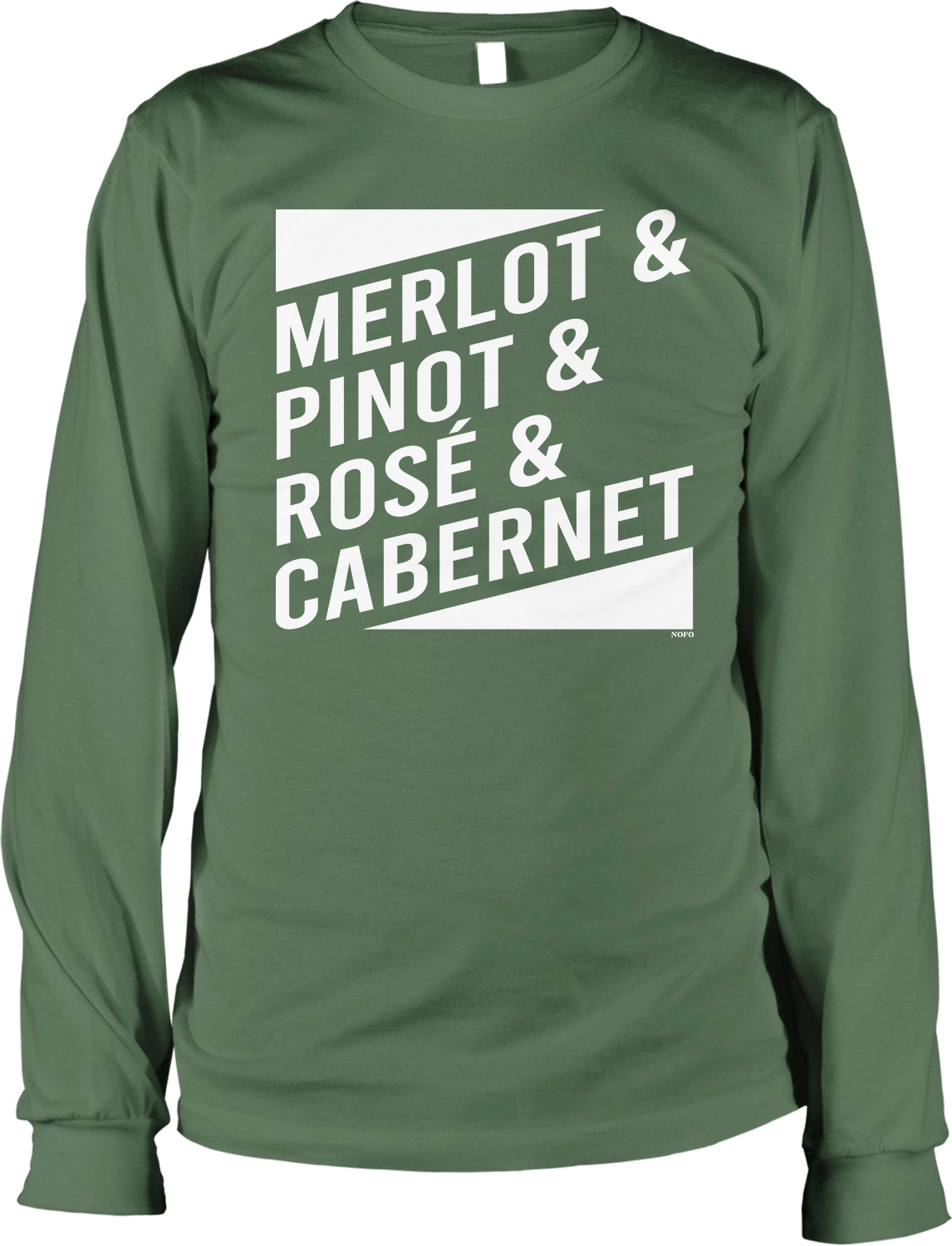 A green long-sleeved t-shirt with white text printed on it.