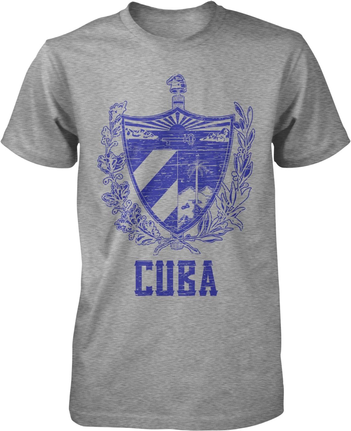 A gray t-shirt with a graphic design featuring a shield with a sword and a wreath, along with the word "CUBA" written below.