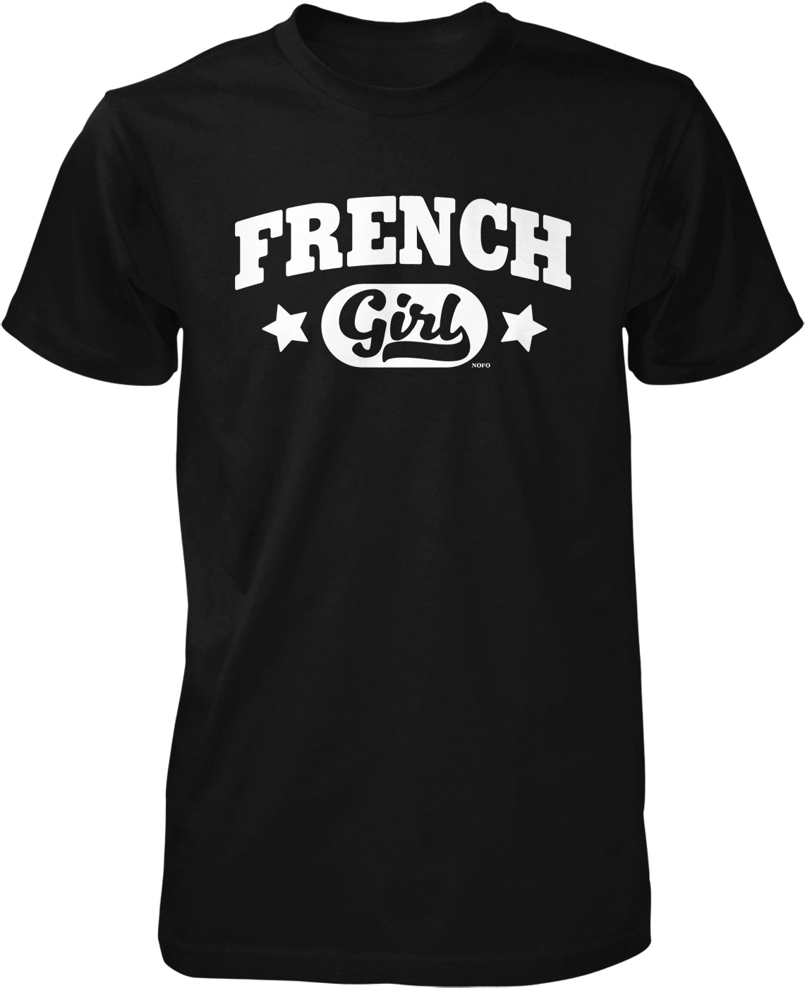 A black t-shirt with white text that says "French Girl".