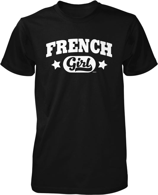 A black t-shirt with white text that says "French Girl".