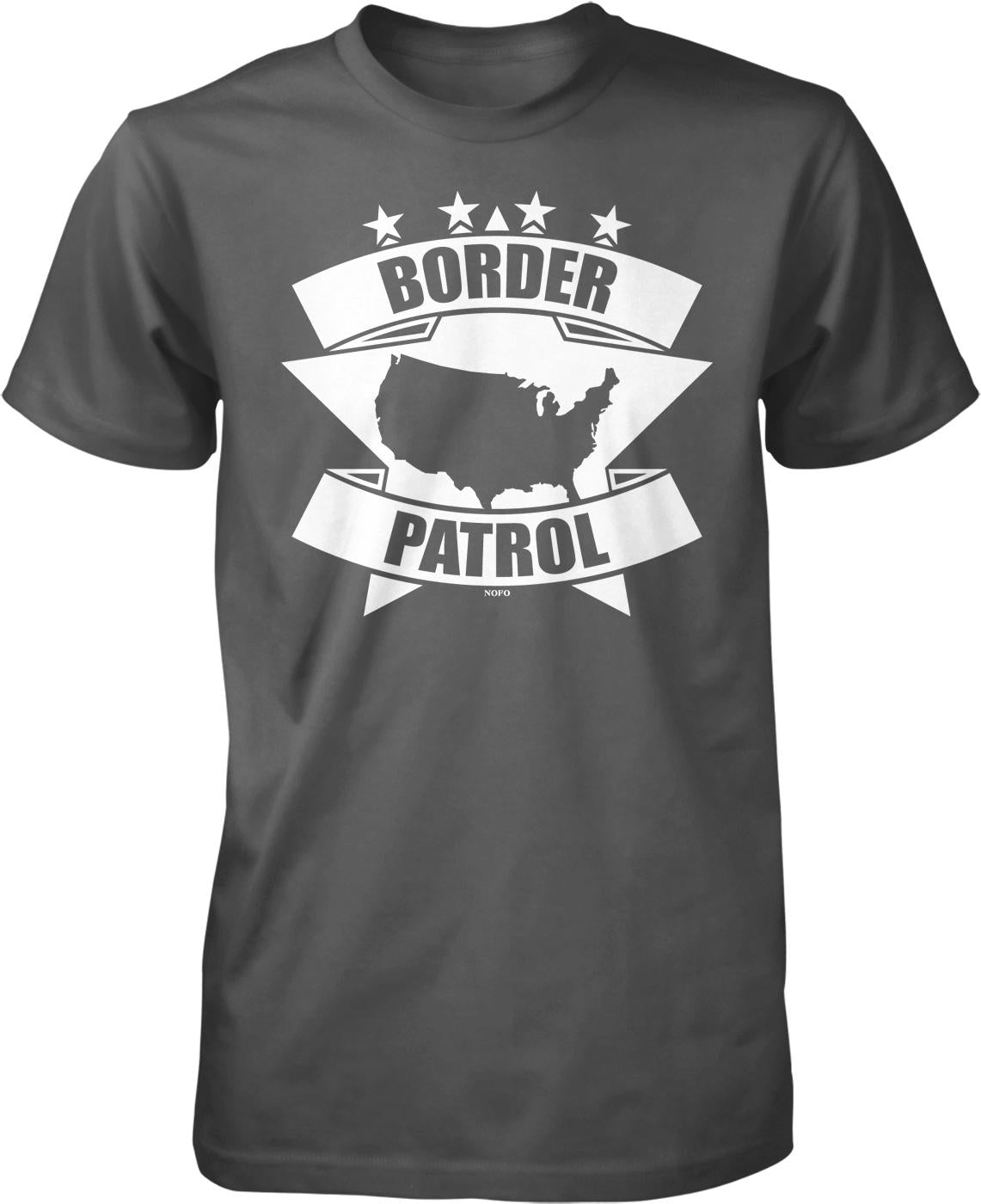 A black t-shirt with a graphic design featuring a silhouette of the United States and the text "BORDER PATROL" along with five stars.