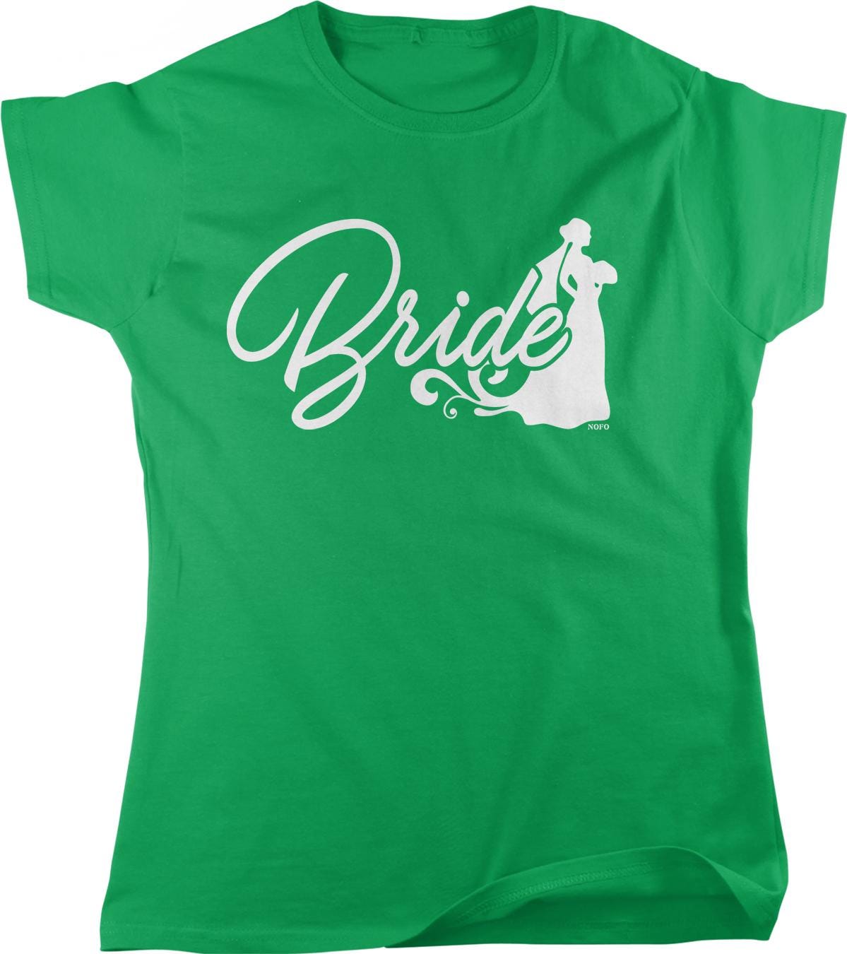 A green t-shirt with the word "Bride" printed on it in white text.