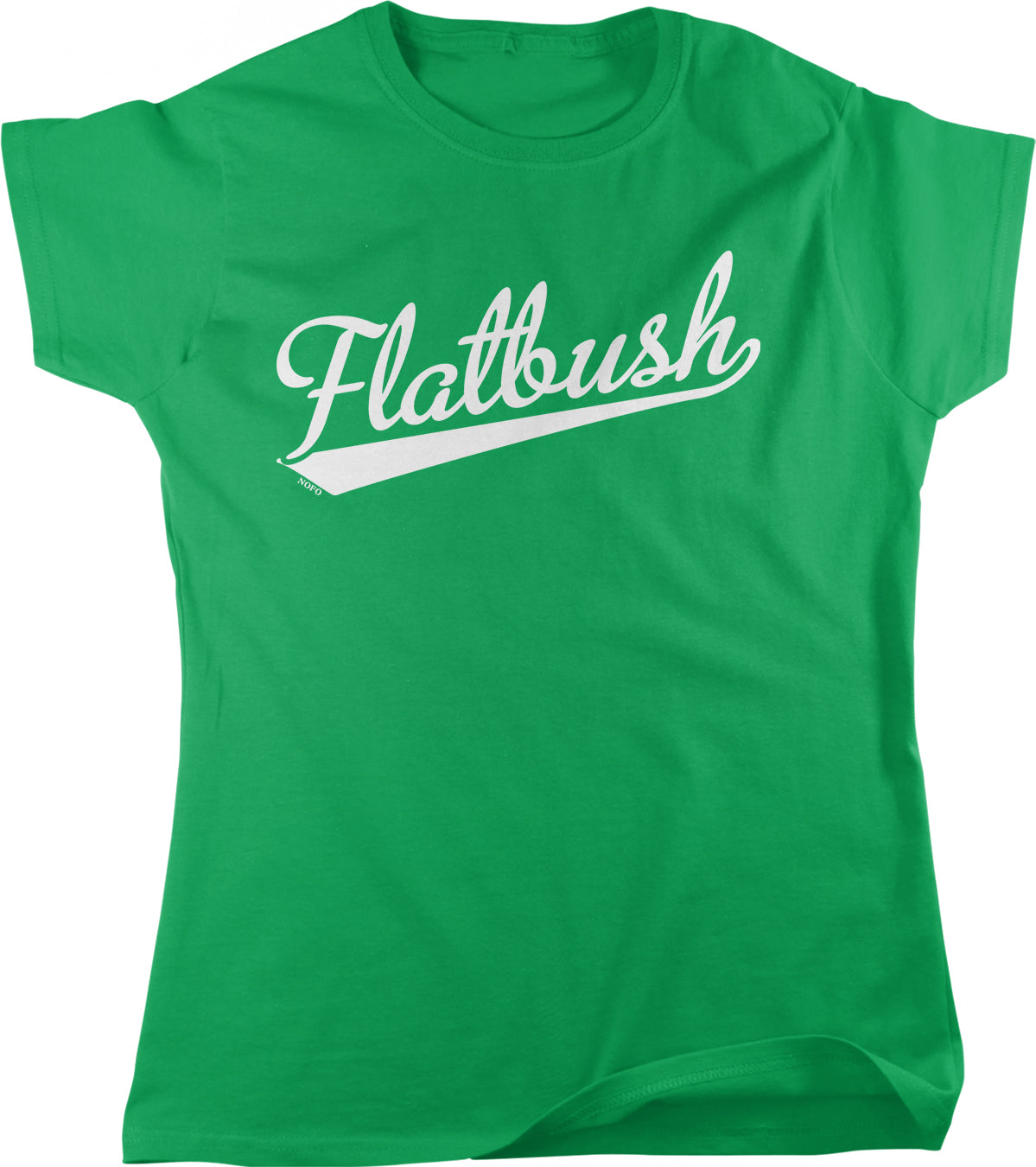 A bright green t-shirt with the word "Flatbush" printed on it in white text.
