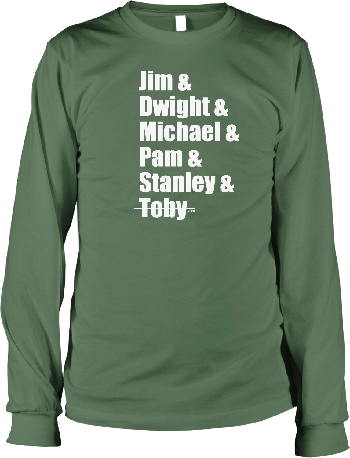 A green long-sleeved t-shirt with white text printed on it.