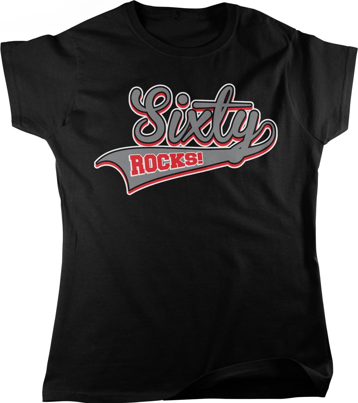 A black t-shirt with a graphic design featuring the text "Sixty Rocks!" in a stylized font.