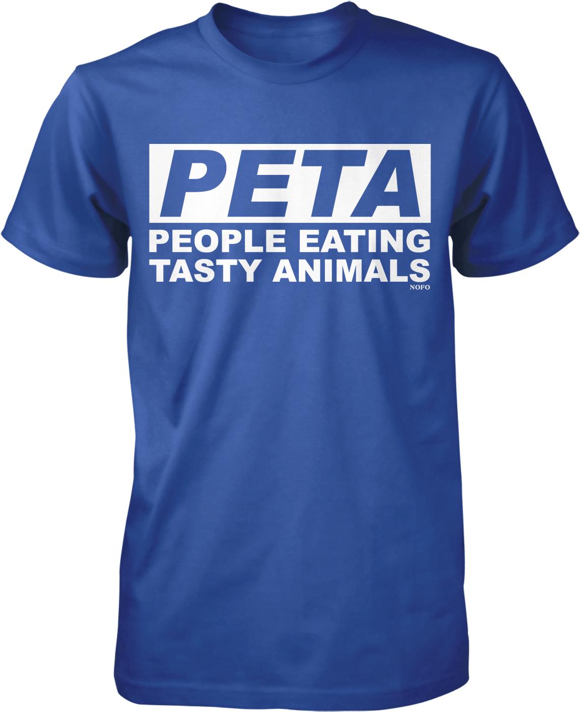 A blue t-shirt with the text "PETA PEOPLE EATING TASTY ANIMALS" printed on it.