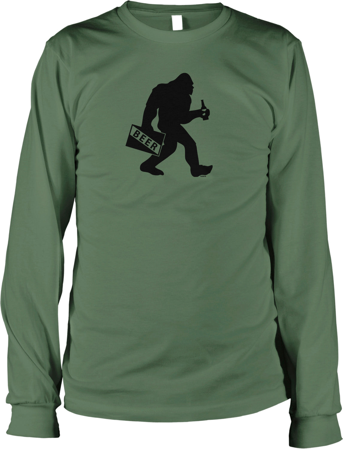 A green long-sleeved t-shirt with a black silhouette of a person holding a beer bottle.