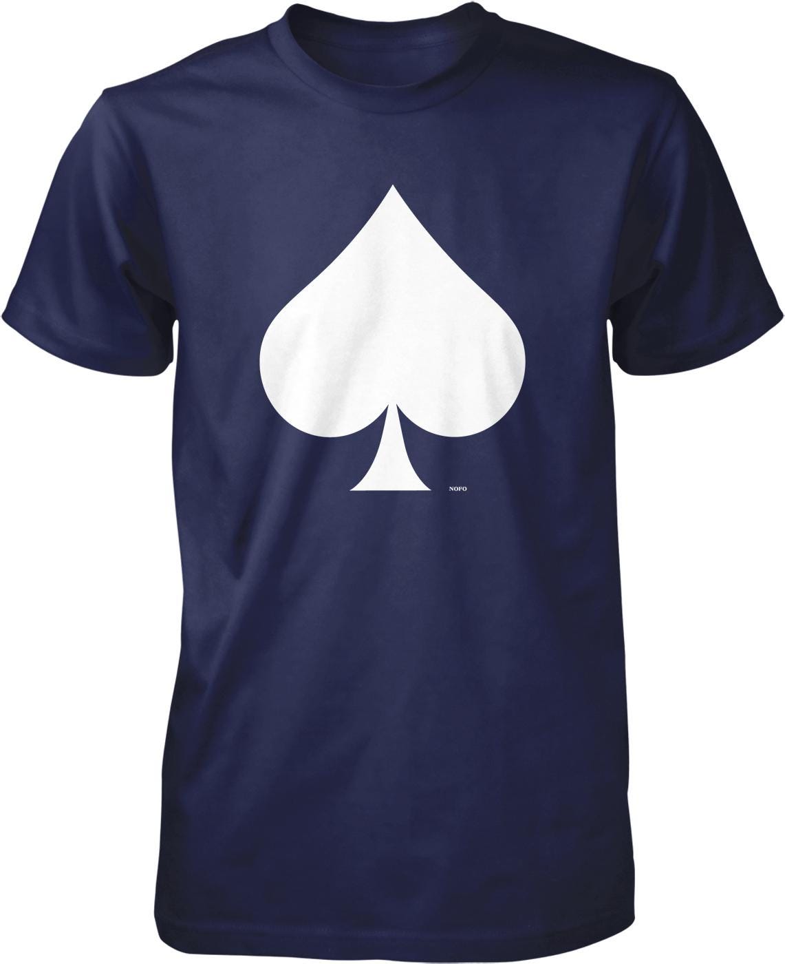 A navy blue t-shirt with a white graphic of a spade symbol printed on it.