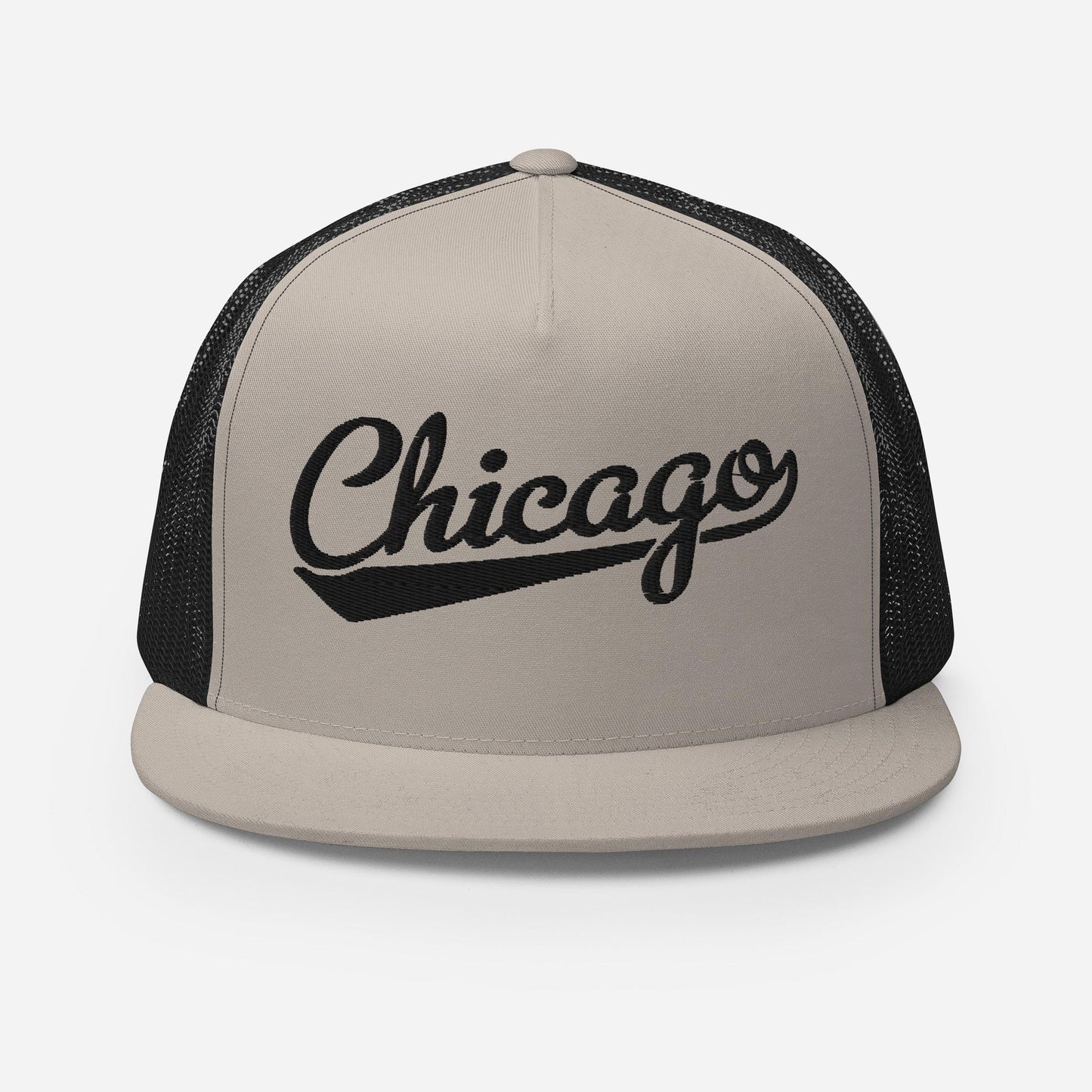 A beige baseball cap with the word "Chicago" printed on it in a stylized font.