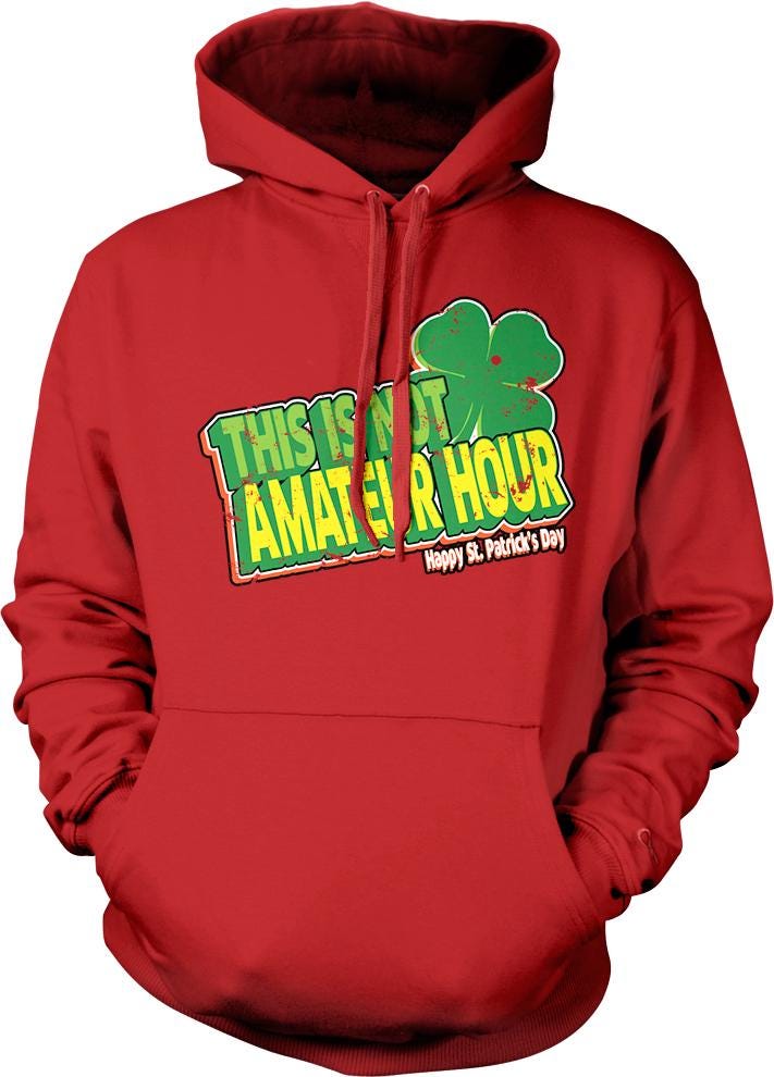 A red hoodie with a graphic design on it.