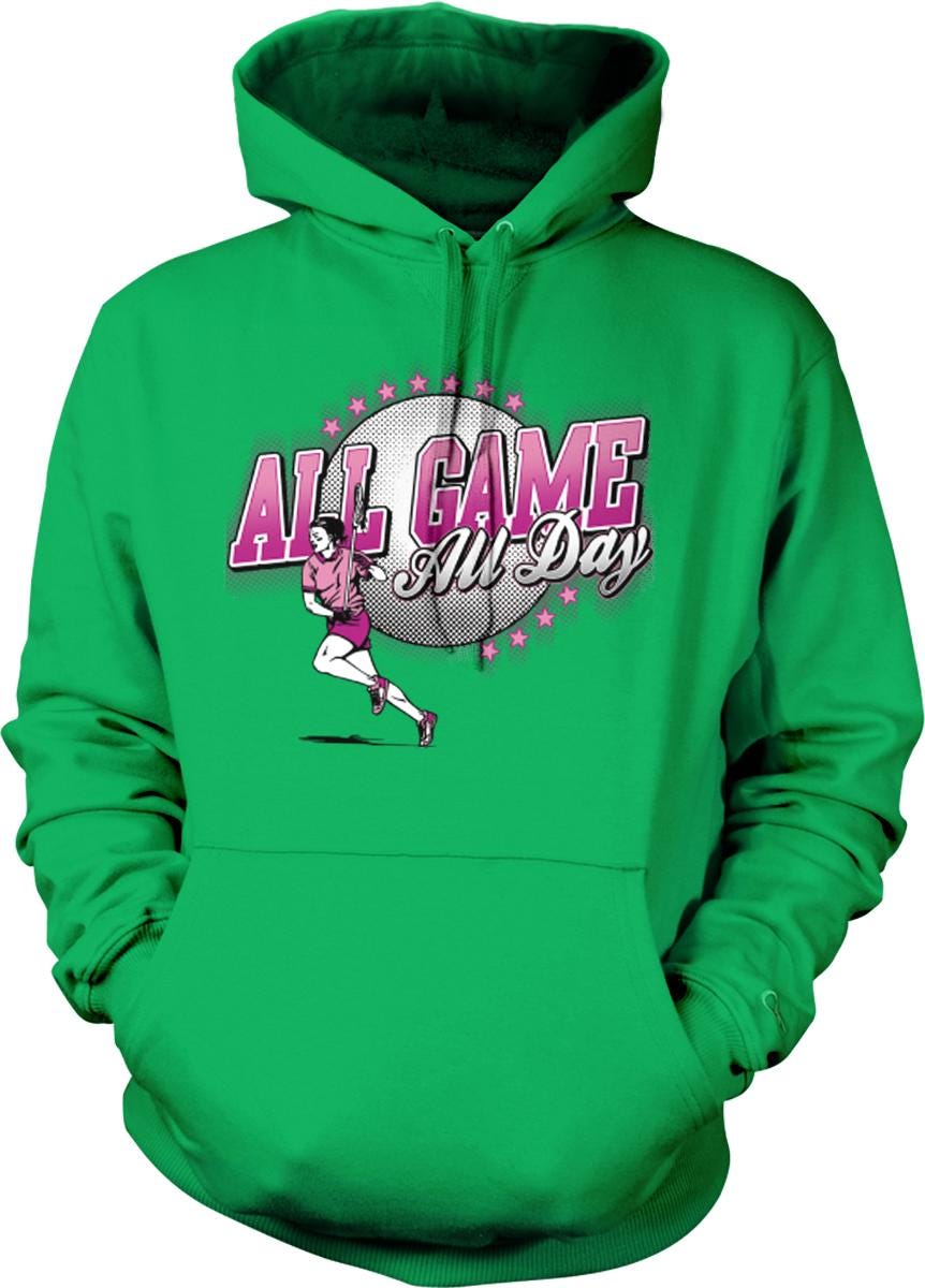 A bright green hoodie with a graphic design on the front.