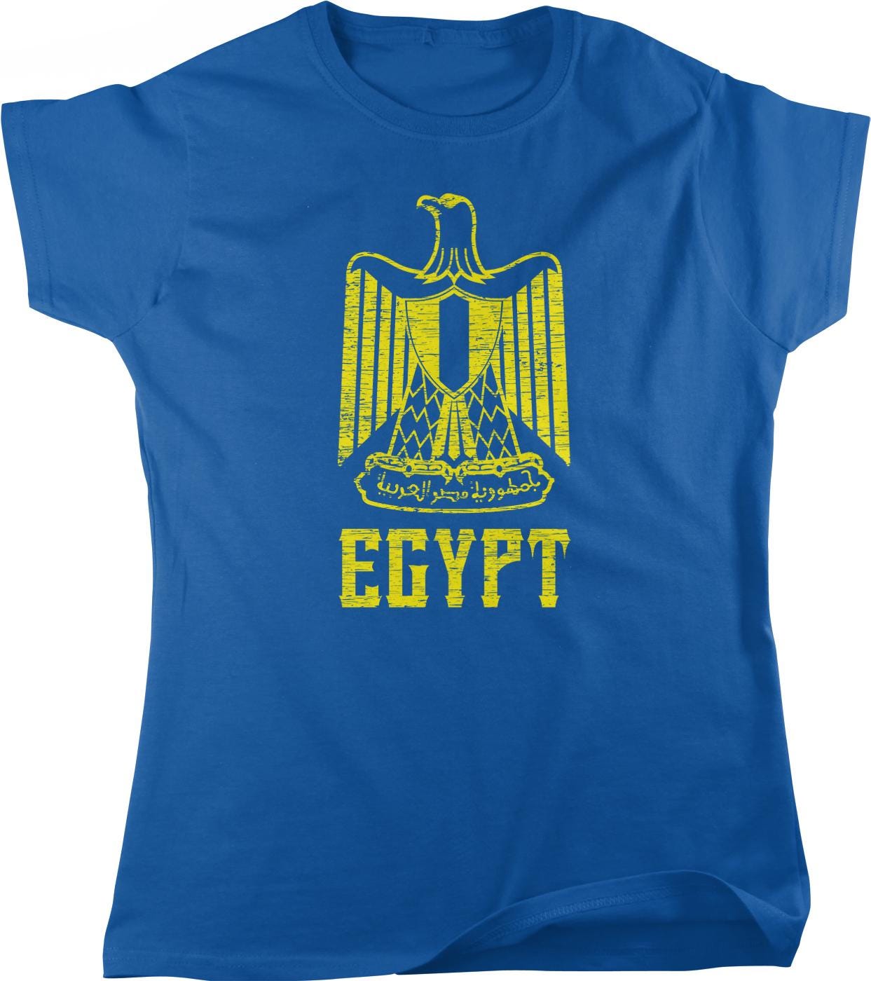 A blue t-shirt with a yellow graphic design depicting the Egyptian flag and the word "EGYPT" printed on it.