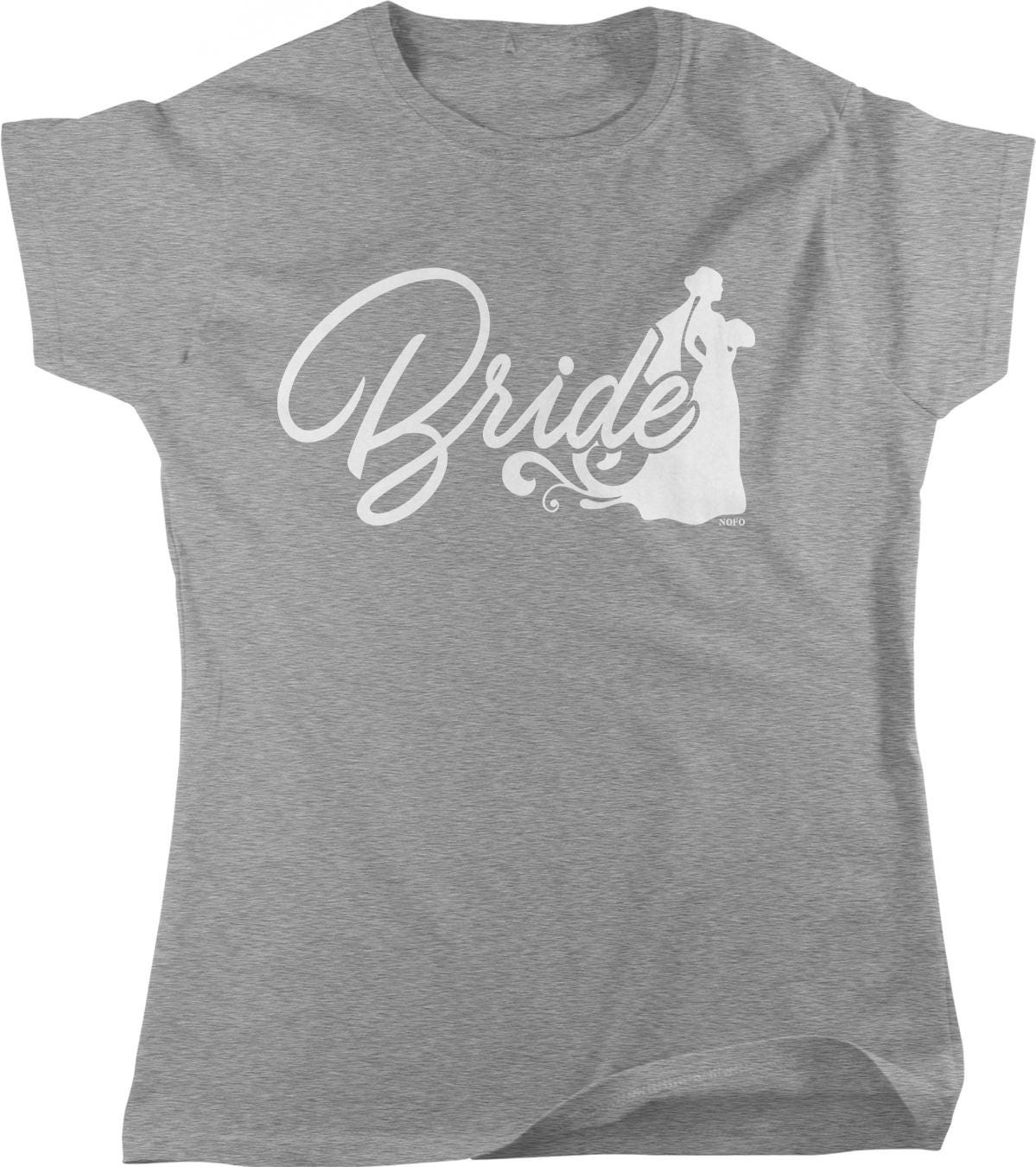 A gray t-shirt with the word "Bride" printed on it in white text.