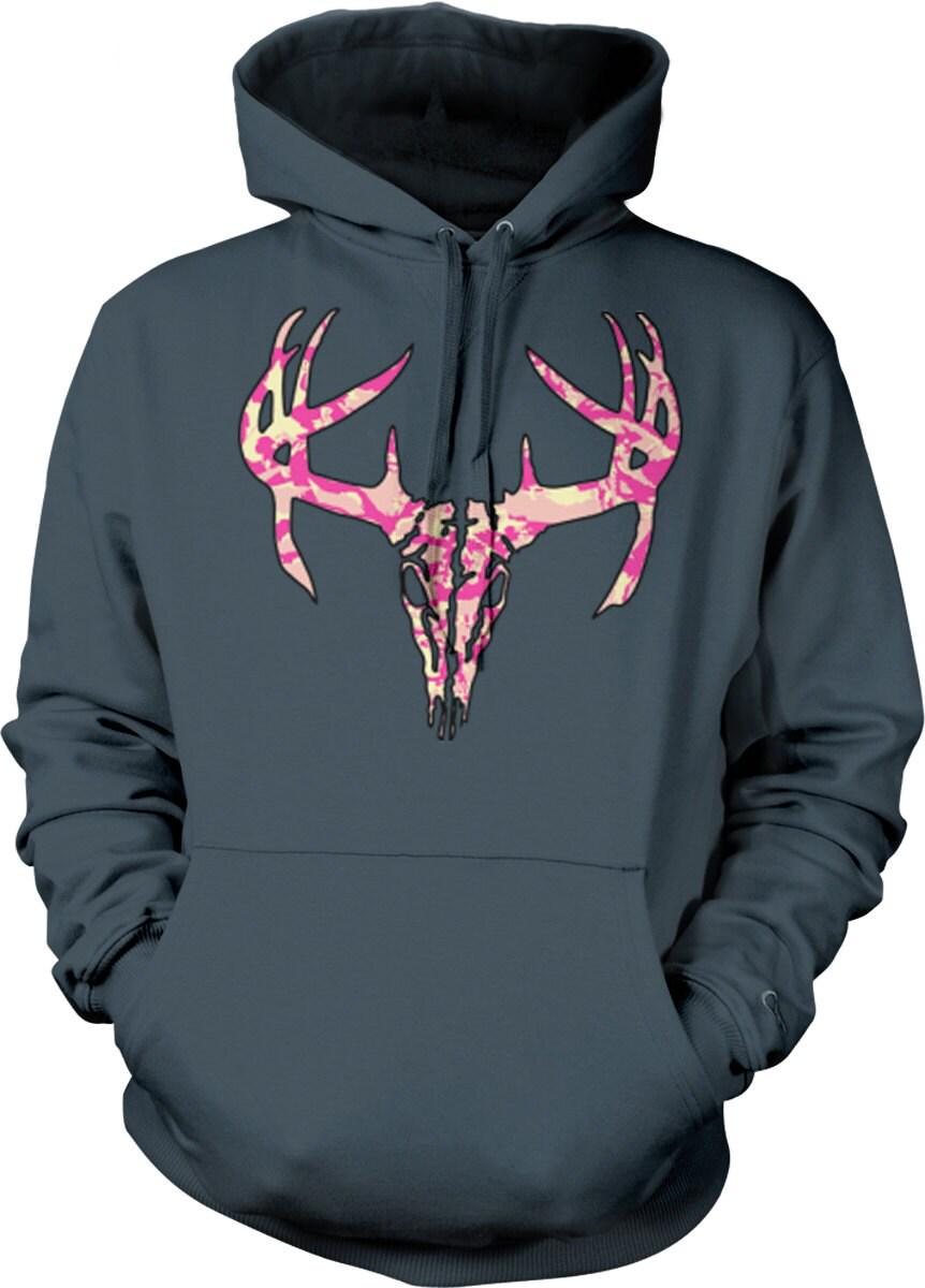 Pink Camo Hunting Hoodie - Unisex Deer Skull Sweatshirt With Double Ply Hood