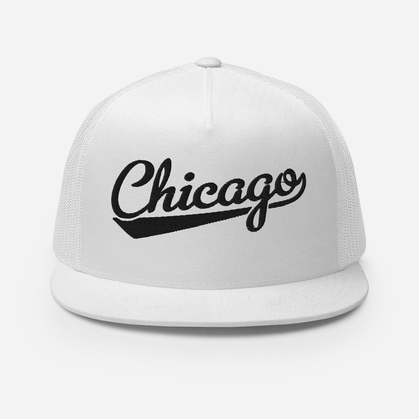A white baseball cap with the word "Chicago" printed on it in black text.