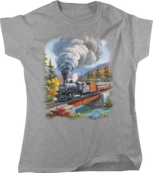 Train Crossing T-Shirt – Women's Locomotive Bridge Shirt | Vintage Train Apparel