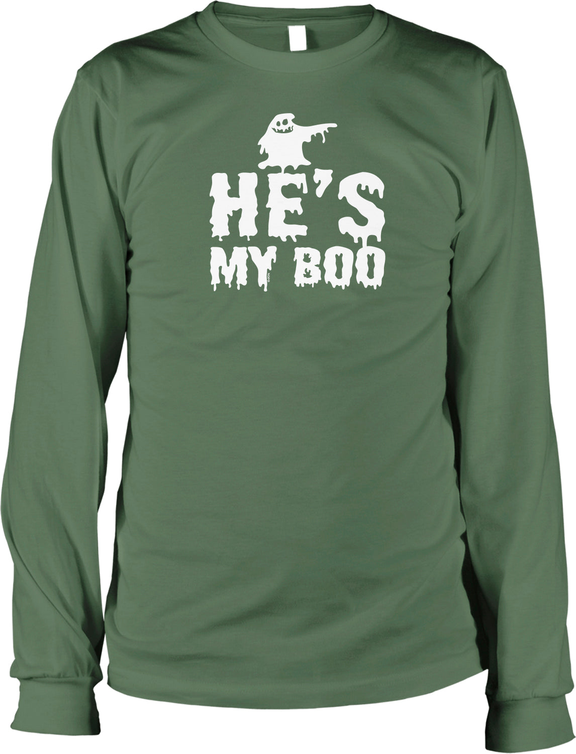 A green long-sleeved t-shirt with the text "HE'S MY BOO" printed on it in white.