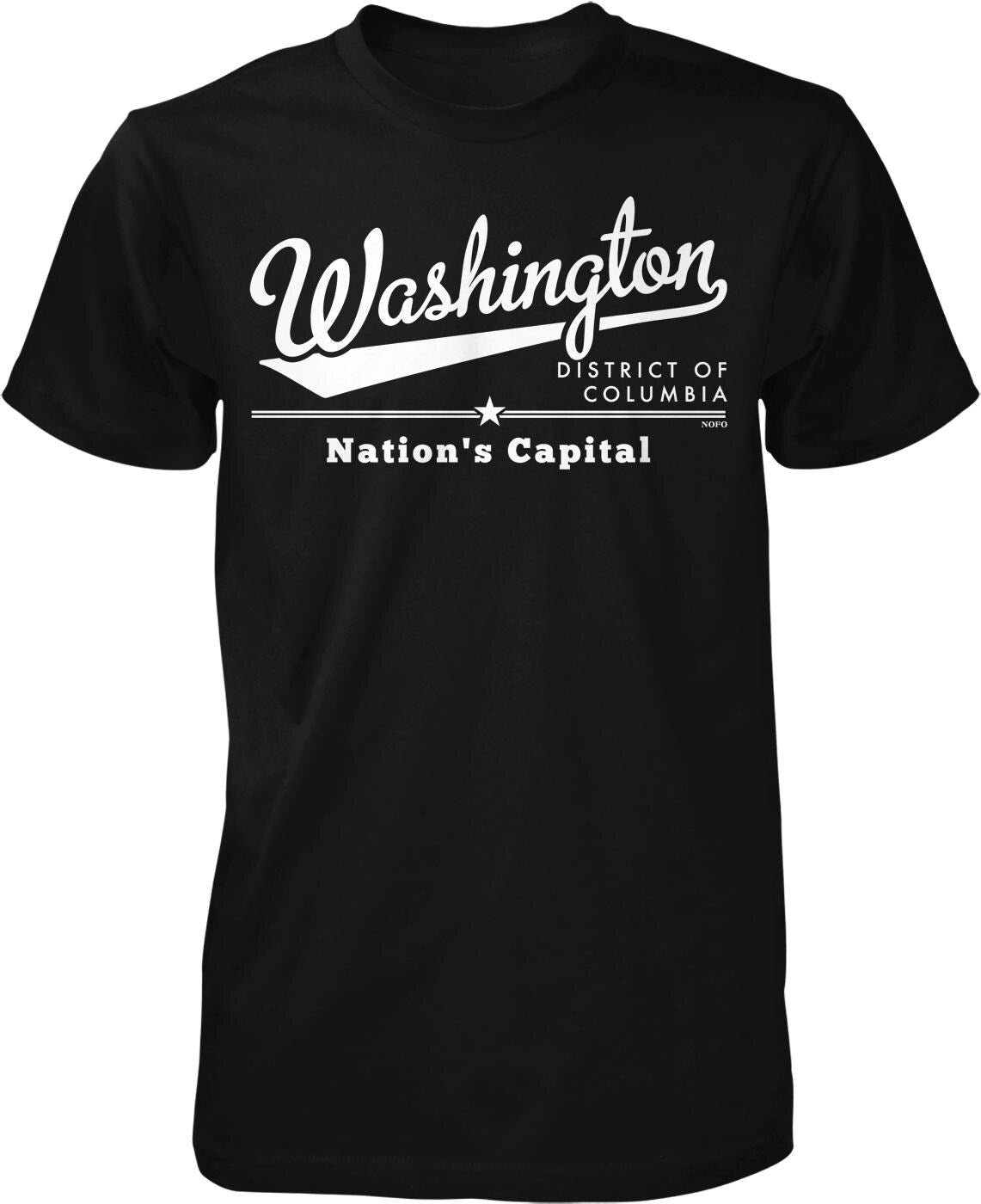 A black t-shirt with white text and graphics printed on it.