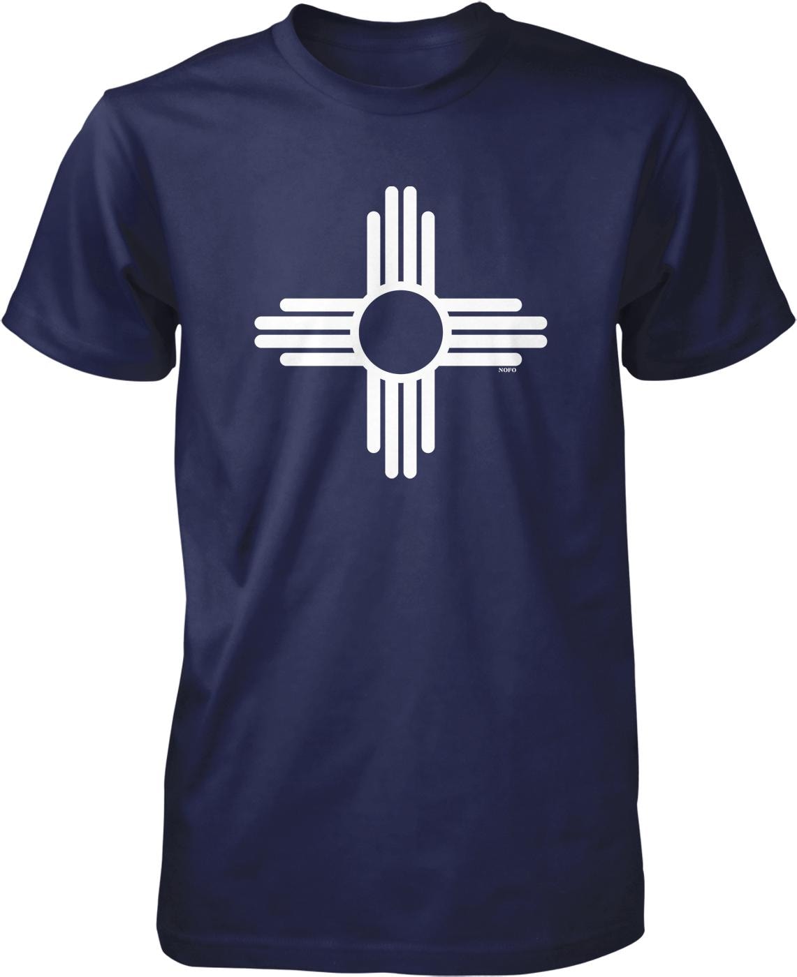 A navy blue t-shirt with a white graphic design depicting a stylized sun or star shape.