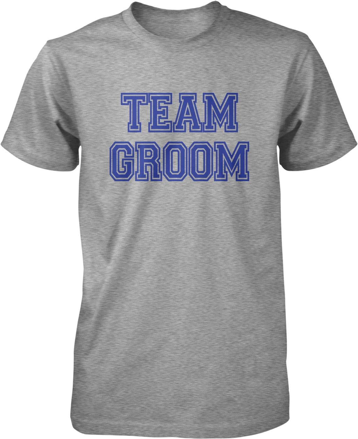 A gray t-shirt with the text "TEAM GROOM" printed in blue letters.