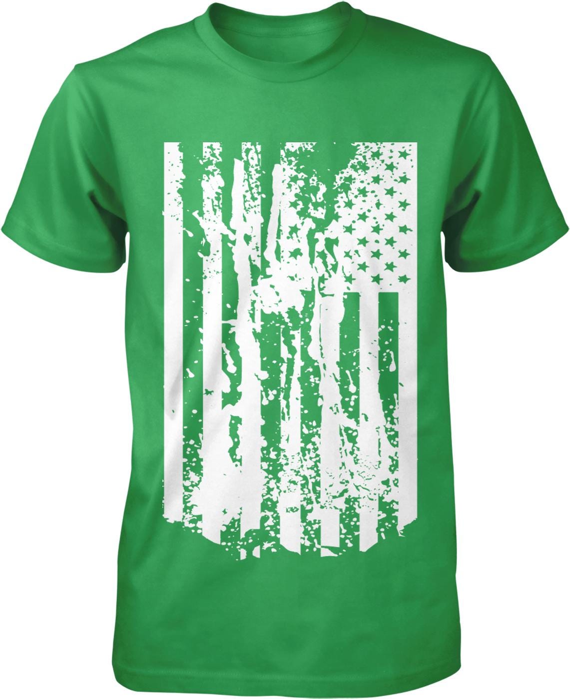 A green t-shirt with a white graphic design depicting a distressed American flag.
