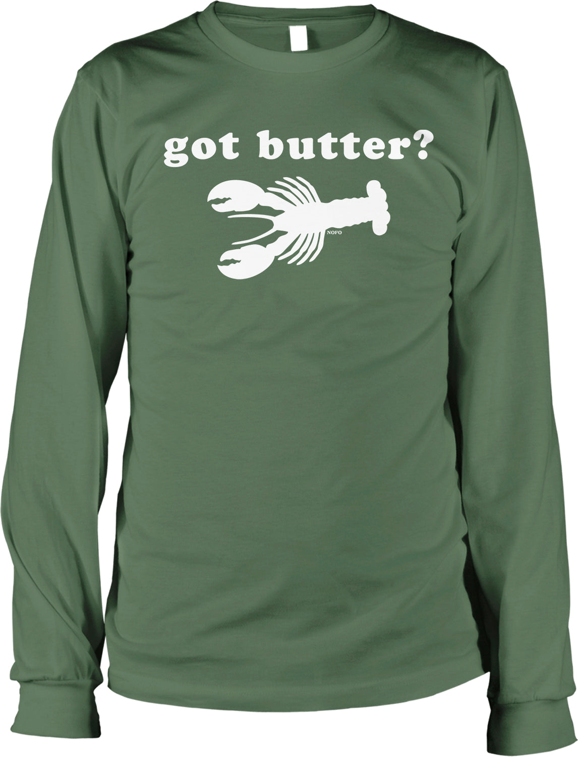 A green long-sleeved t-shirt with a white lobster graphic and the text "got butter?" printed on it.
