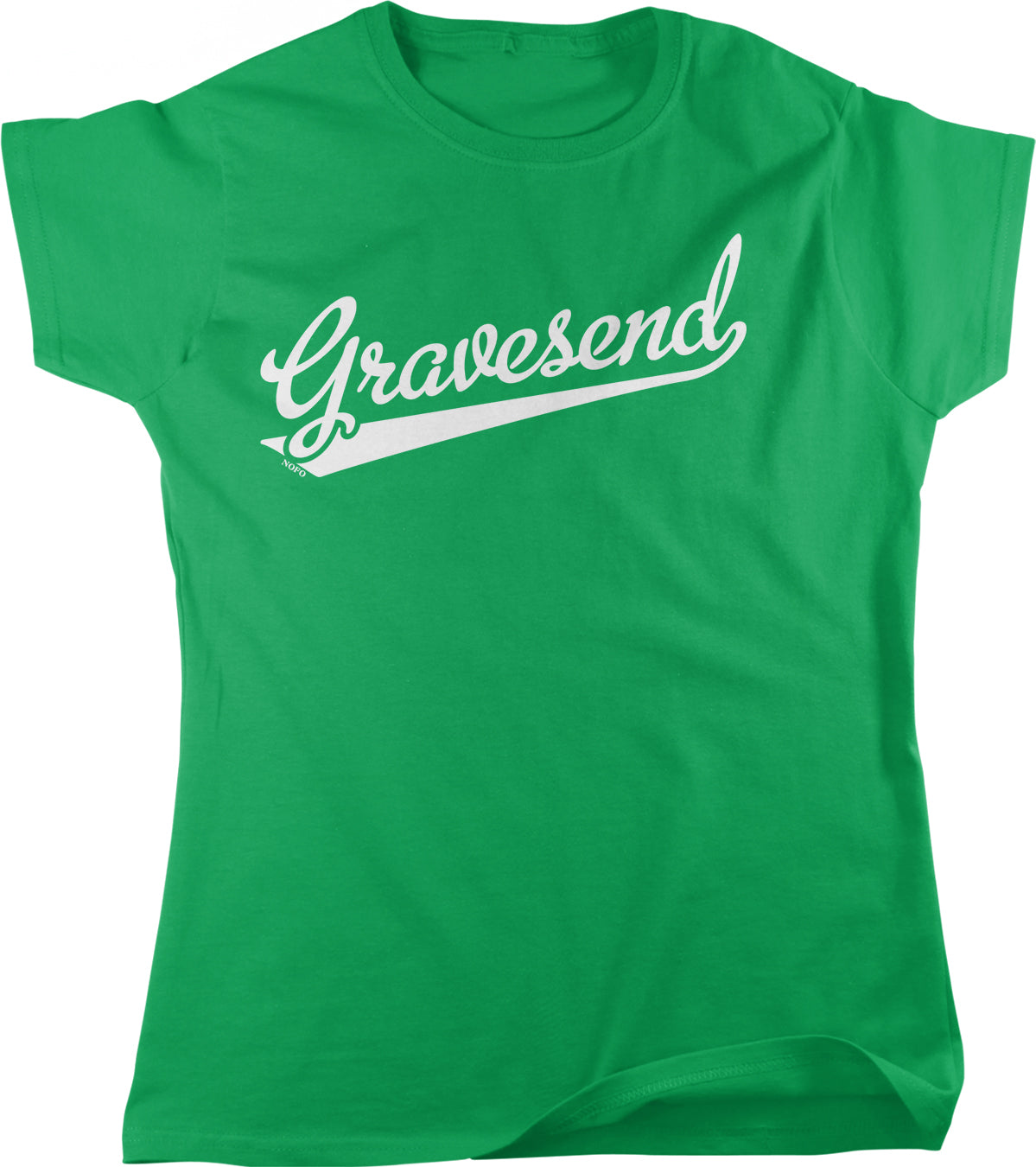 A bright green t-shirt with the word "Gravesend" printed on it in white text.