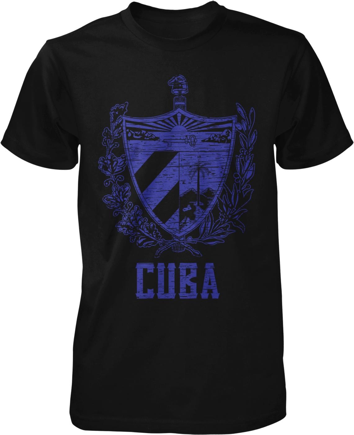 A black t-shirt with a graphic design featuring a shield with a sword and a wreath, along with the word "CUBA" printed below.