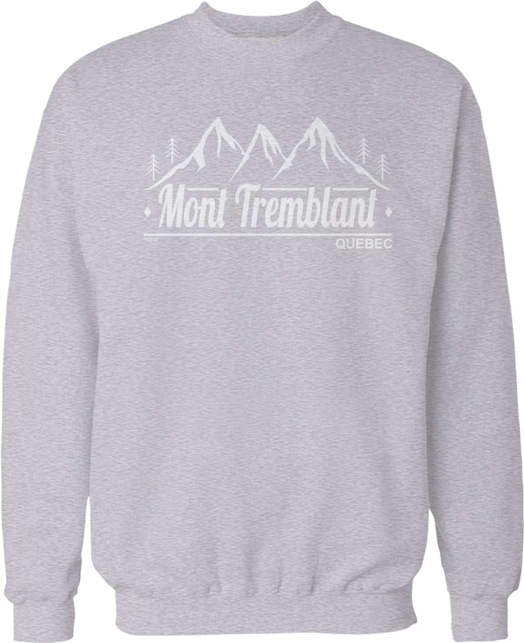 A gray sweatshirt with a graphic design featuring a mountain range and the text "Mont Tremblant" and "Quebec" printed on it.