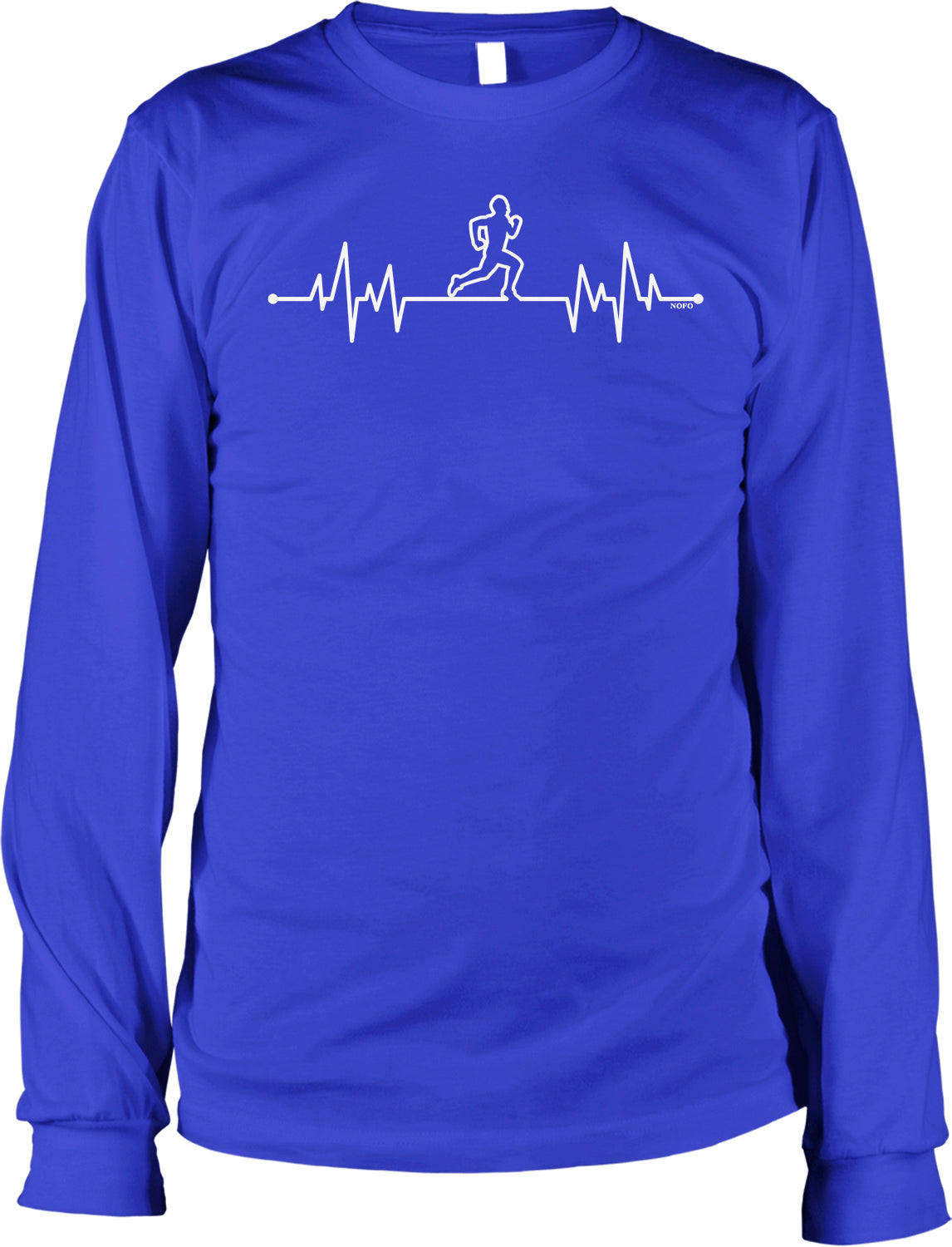 A long-sleeved blue t-shirt with a white graphic design depicting a running figure and a line graph representing a person's heart rate.
