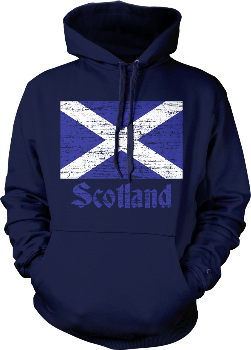 A navy blue hoodie with a graphic of the Scottish flag and the word "Scotland" printed on it.