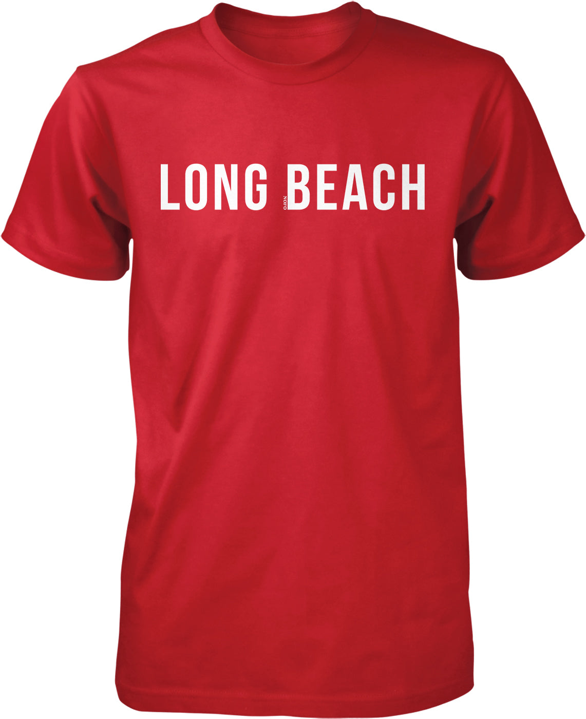 A red t-shirt with the text "LONG BEACH" printed on it in white letters.