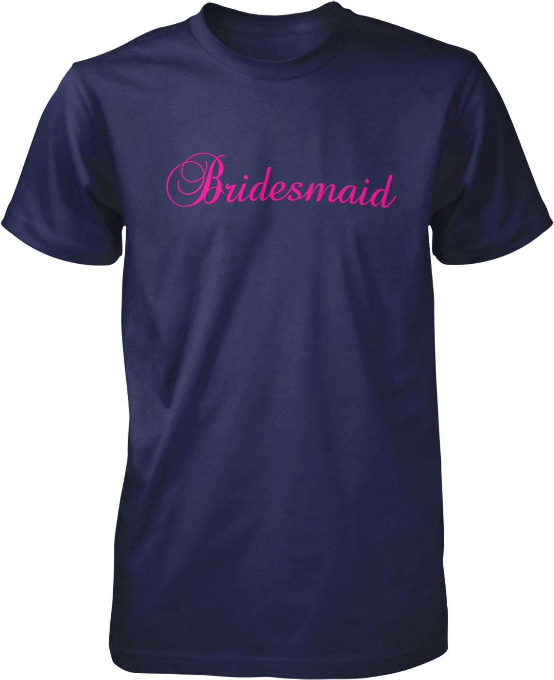 A navy blue t-shirt with the text "Bridesmaid" printed in pink on the front.