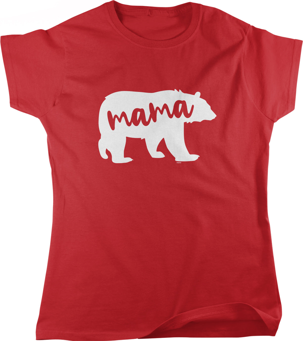 A red t-shirt with a white graphic of a bear and the word "mama" printed on it.