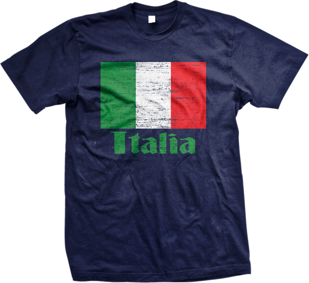 A navy blue t-shirt with a graphic design featuring the flag of Italy.