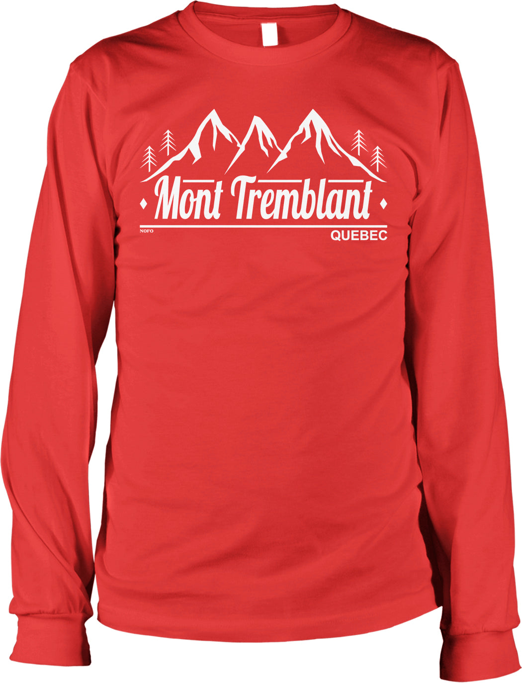 A red long-sleeved t-shirt with a graphic design depicting a mountain range and the text "Mont Tremblant" and "Quebec" printed on it.